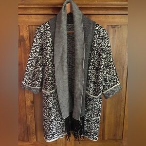 Boho Chic Winter Cardigan • Soft Open Wrap with Fringe Scarf Detail • Size S